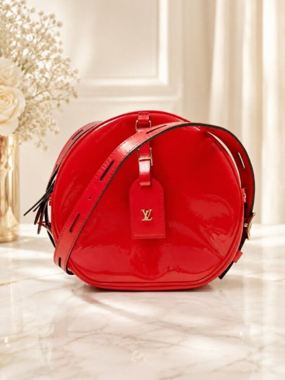 Authentic Louis Vuitton Boite Chapeau Souple Red Vernis Leather Crossbody Bag